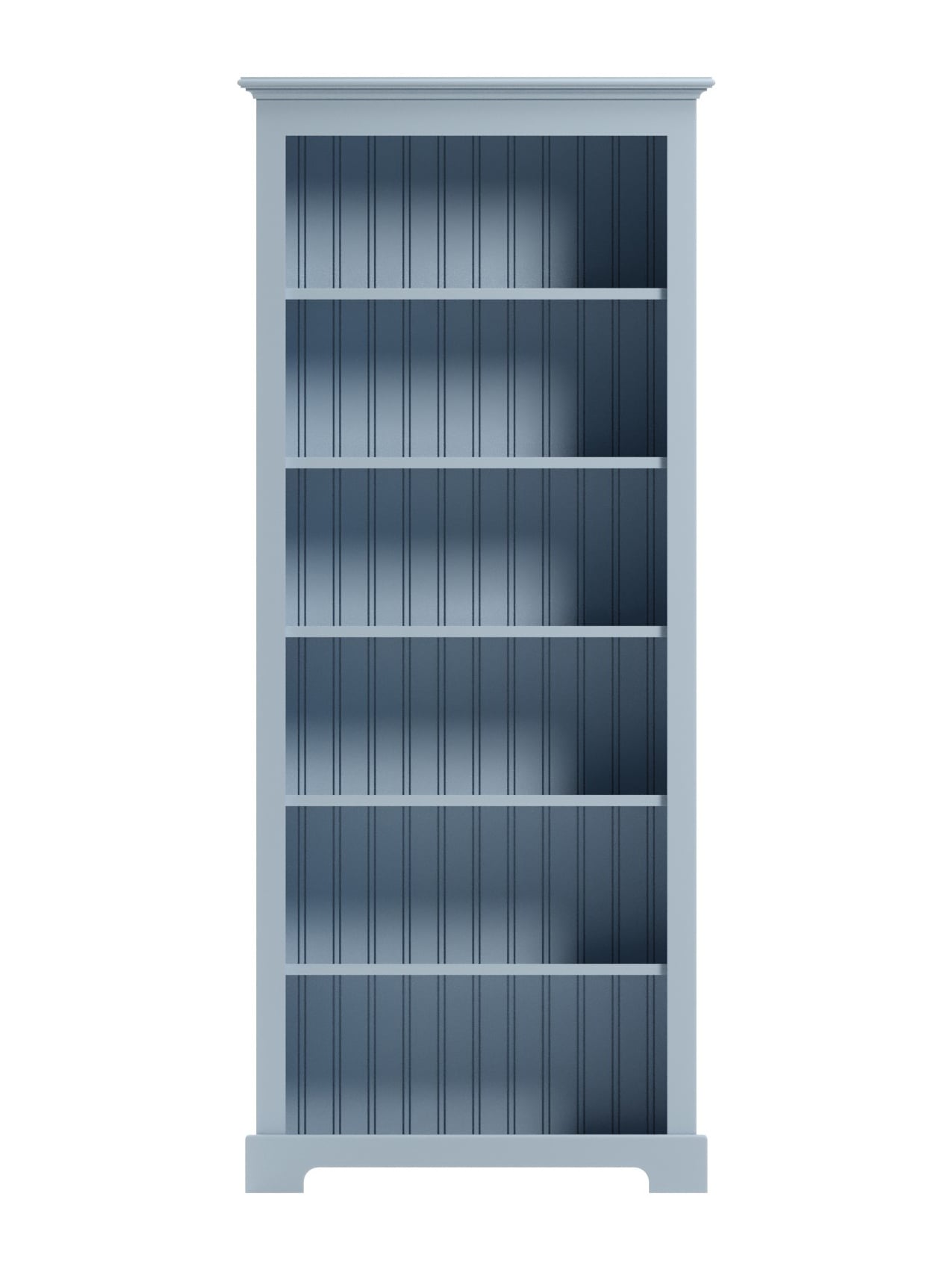 Carolina Tall Bookcase, Cool Breeze, Arched Base, Beadboard Back, Straight Top, Straight On Carolina Tall Bookcase, Cool Breeze, Arched Base, Beadboard Back, Straight Top, Straight On