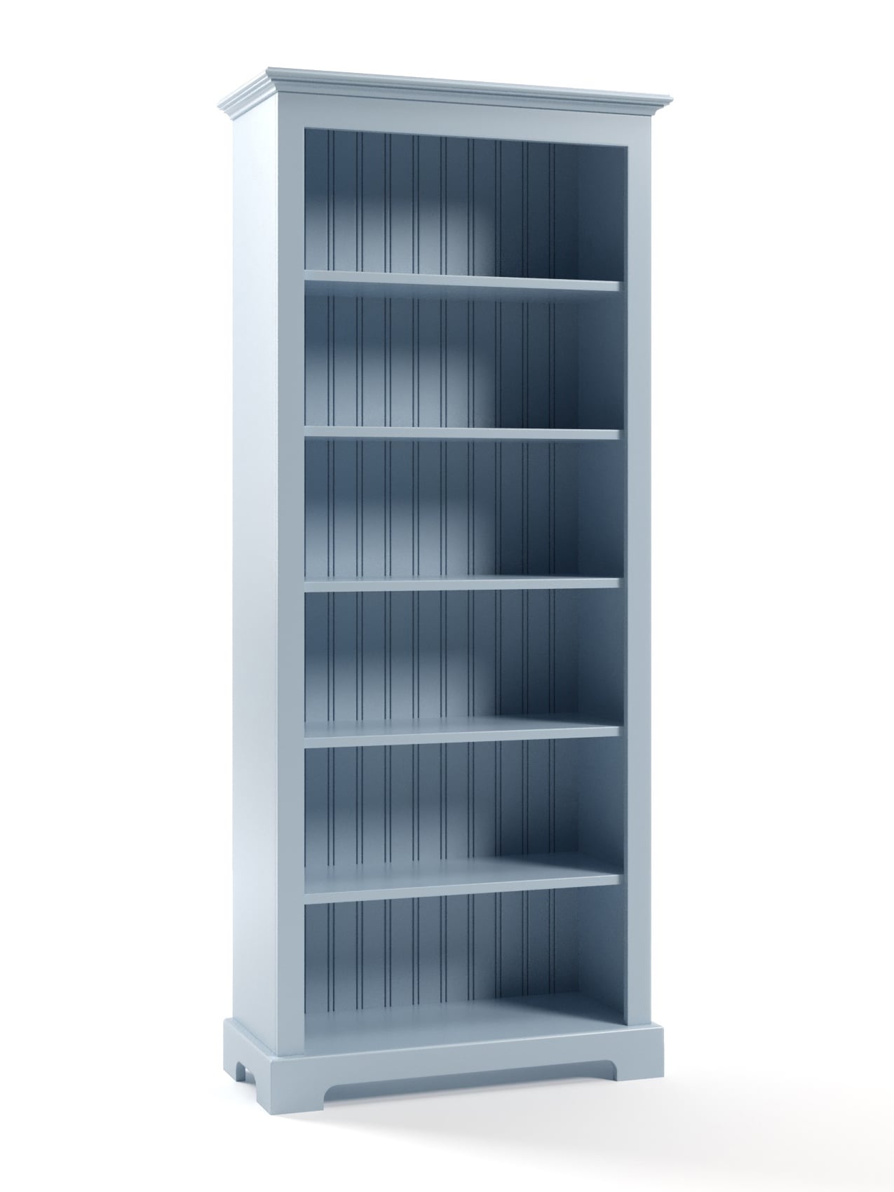Carolina Tall Bookcase, Cool Breeze, Arched Base, Beadboard Back, Straight Top Carolina Tall Bookcase, Cool Breeze, Arched Base, Beadboard Back, Straight Top