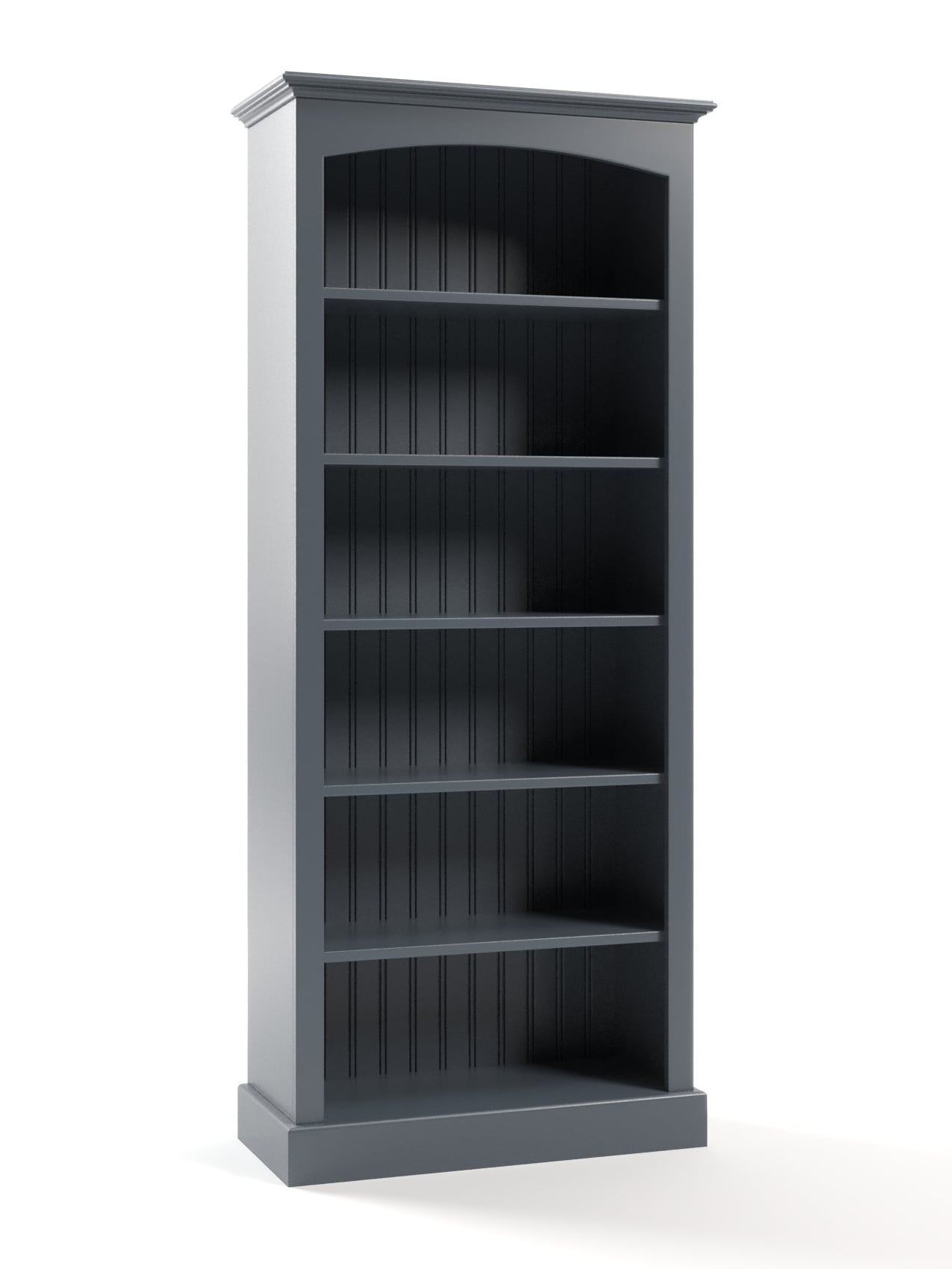 Carolina Tall Bookcase, Shale, Curved Top, Straight Base, Framed Side Panels, Beadboard Interior Carolina Tall Bookcase, Shale, Curved Top, Straight Base, Framed Side Panels, Beadboard Interior