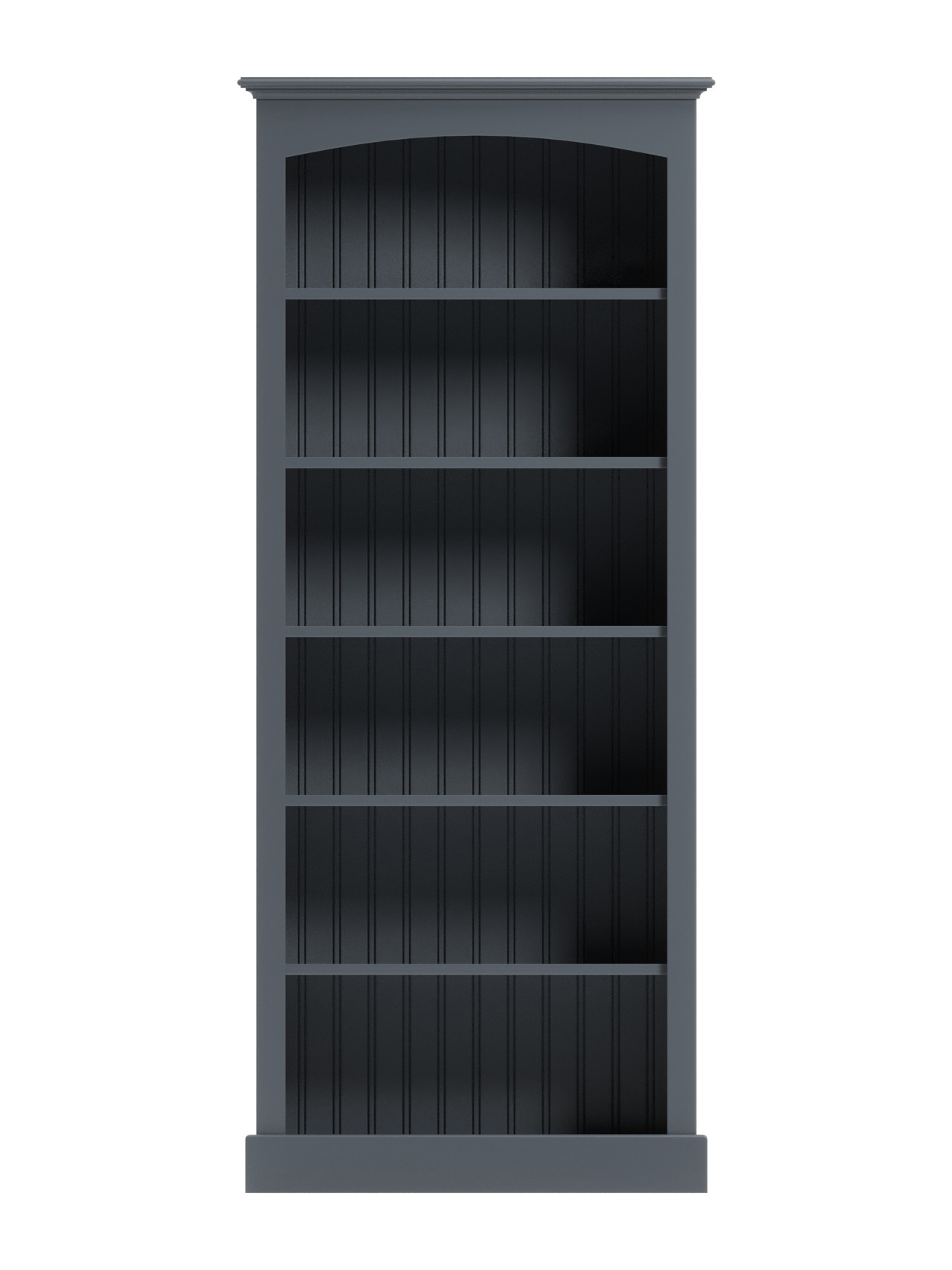 Carolina Tall Bookcase, Shale, Curved Top, Straight Base, Framed Side Panels, Beadboard Interior, Straight On Carolina Tall Bookcase, Shale, Curved Top, Straight Base, Framed Side Panels, Beadboard Interior, Straight On