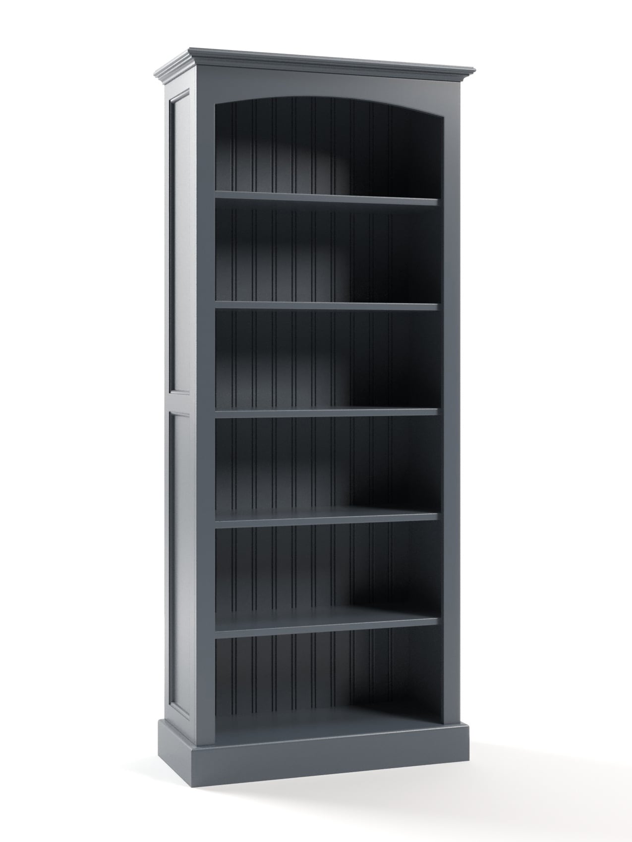 Carolina Tall Bookcase, Shale, Curved Top, Straight Base, Framed Side Panels, Beadboard Interior Carolina Tall Bookcase, Shale, Curved Top, Straight Base, Framed Side Panels, Beadboard Interior