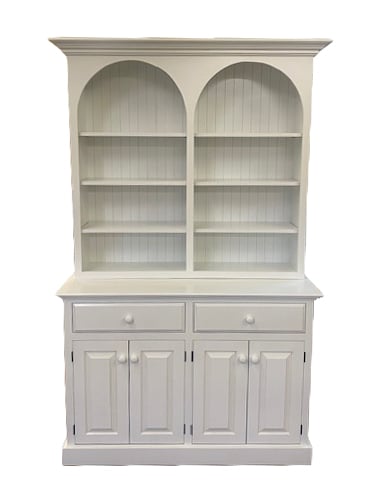 Carolina 2 over 4 Bookcase, Arched Top, Straight Base, Raised Panel Drawers & Doors, Ivory