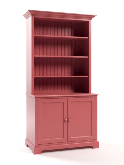 Carolina 2 Piece Bookcase, Coral, Straight Top, Flat Panel Doors, Arched Base, Beadboard Back, Angled