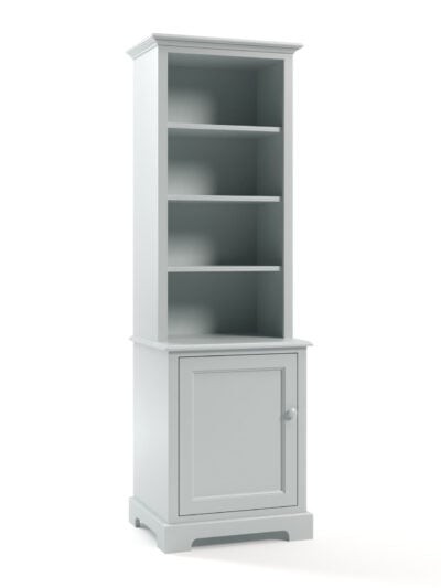 Carolina Narrow 1 Door Bookcase, Straight Top, Arched Base, Flat Panel Door, Mist