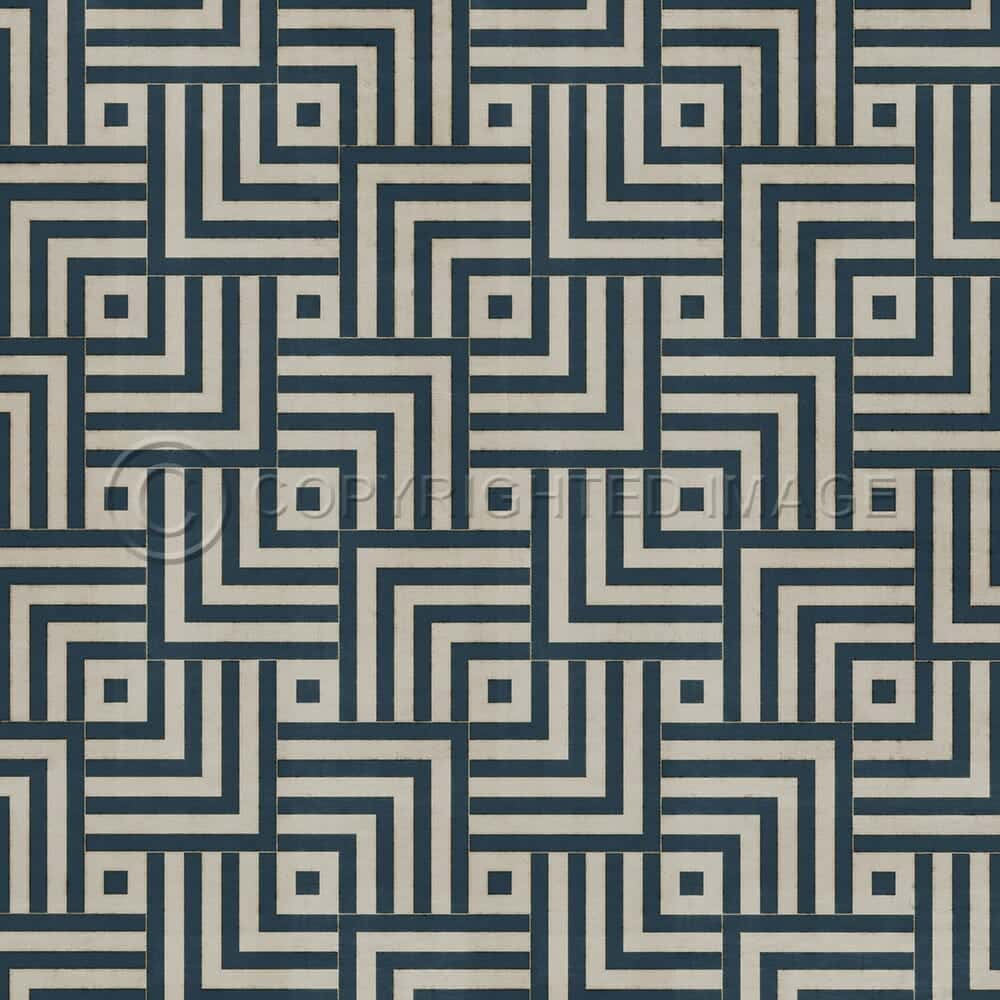 images Mazey Indigo and Ivory Vinyl Floor Cloth, 60x60, 72x72