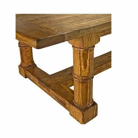 images Old Pine Furniture, Old Pine Barrel Stretcher Coffee Table, 2 in Thick Top, 4 in Breadboard, Medium Brown Wax, Rough Hewn Wood