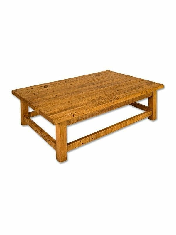 images Old Pine Furniture, Old Pine Square Leg Coffee Table, Standard Square, 1 in Thick Top, Outside Stretcher, Light Brown Wax, Rough Hewn Wood