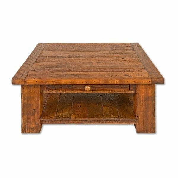 images Old Pine Furniture, Old Pine Square Leg Coffee Table, Large Square Leg, 1 in Thick Top, 2 in Breadboard, Short Plank Grooved Shelf, Added Drawer, Medium Brown Wax, Rough Hewn Wood