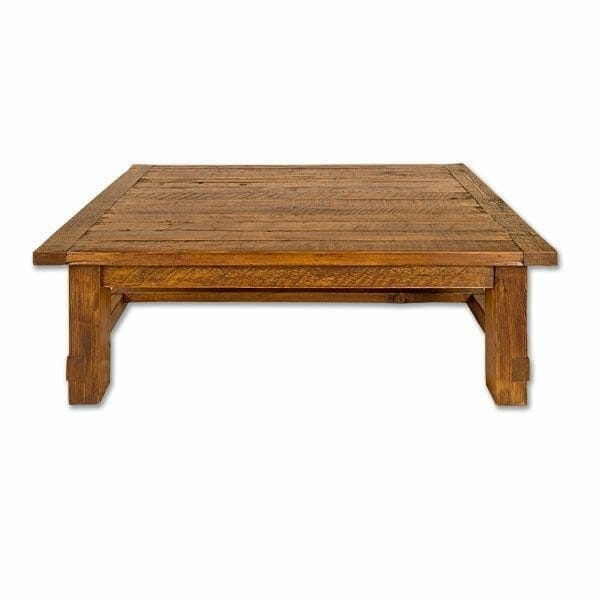 images Old Pine Furniture, Old Pine Square Leg Coffee Table, Medium Square, 1 in Thick Top, 2 in Breadboard, Inside Stretcher, Medium Brown Wax, Rough Hewn Wood
