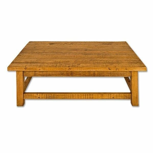 images Old Pine Furniture, Old Pine Square Leg Coffee Table, Standard Square, 1 in Thick Top, Outside Stretcher, Light Brown Wax, Rough Hewn Wood
