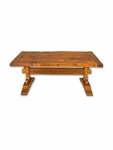 images Old Pine Furniture, Old Pine Yorkshire Trestle Coffee Table, 1 in Thick Top, 2 in Breadboard, Medium Brown Wax, Rough Hewn Wood