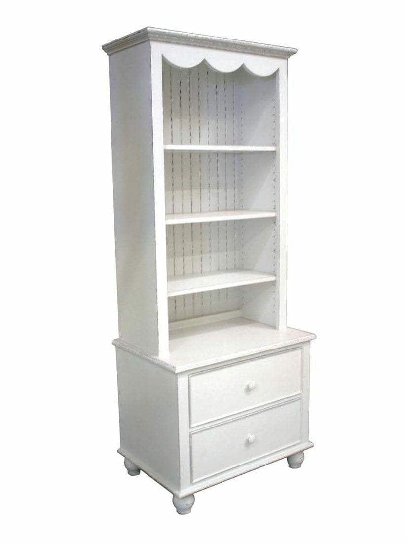 images Carolina Narrow Two Drawer Bookcase, Scalloped Top, Barrel Feet, English Beaded Drawers, Snow over Clay