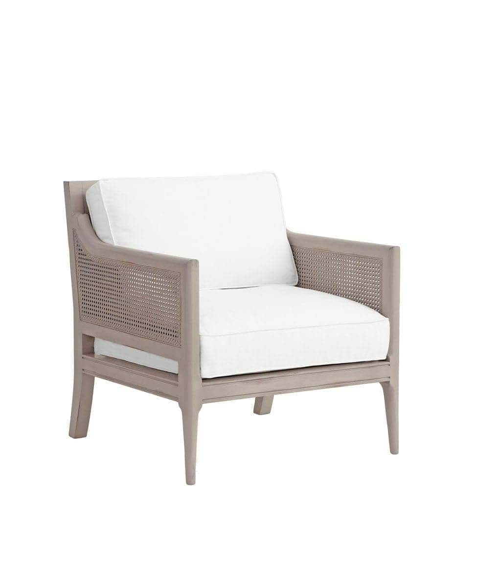 Shirley Chair, Shell Grey with Painted Cane, White Denim Cushions Shirley Chair, Shell Grey with Painted Cane, White Denim Cushions