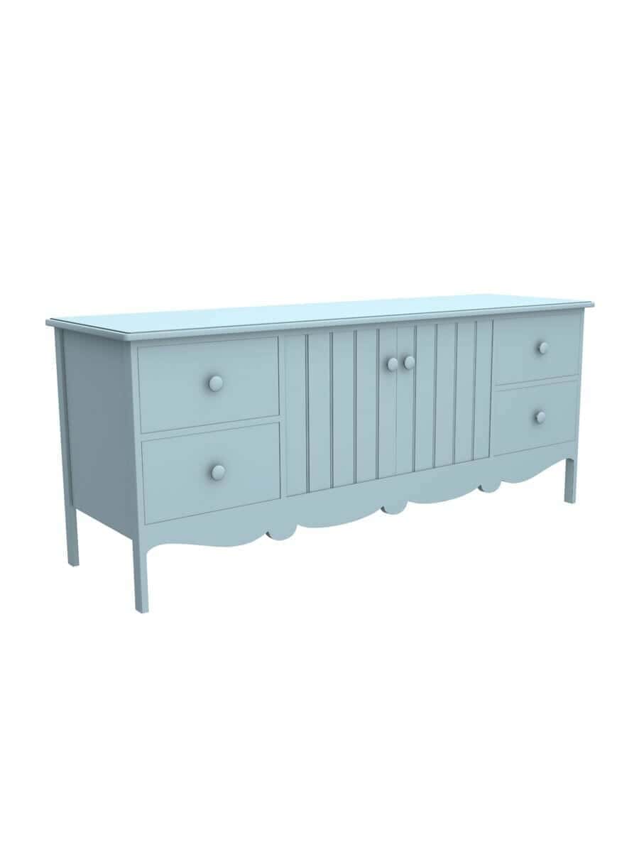 Cleaves TV Cabinet with 4 Drawers, Scroll Apron, Wood Doors, Ocean Air