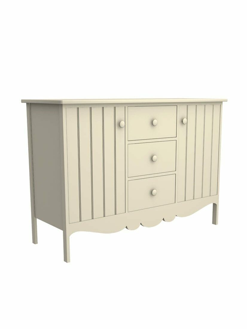 images Colony Buffet with 3 Drawers, Center Drawers, Scroll Apron, Beadboard Interior Rear Panel, Wood Doors, Fresh Cream