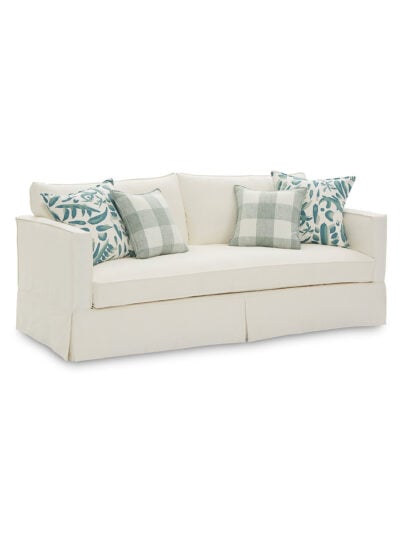 Chesapeake Grande Slipcovered Sofa. Bench Seat, Premier White, Lino Viridian & Buffalo Tranquil Pillows