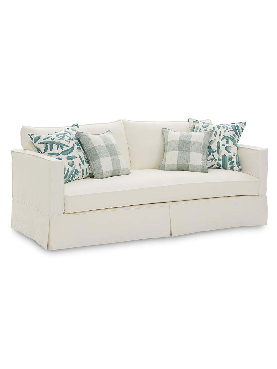 Chesapeake Grande Slipcovered Sofa. Bench Seat, Premier White, Lino Viridian & Buffalo Tranquil Pillows Chesapeake Grande Slipcovered Sofa. Bench Seat, Premier White, Lino Viridian & Buffalo Tranquil Pillows
