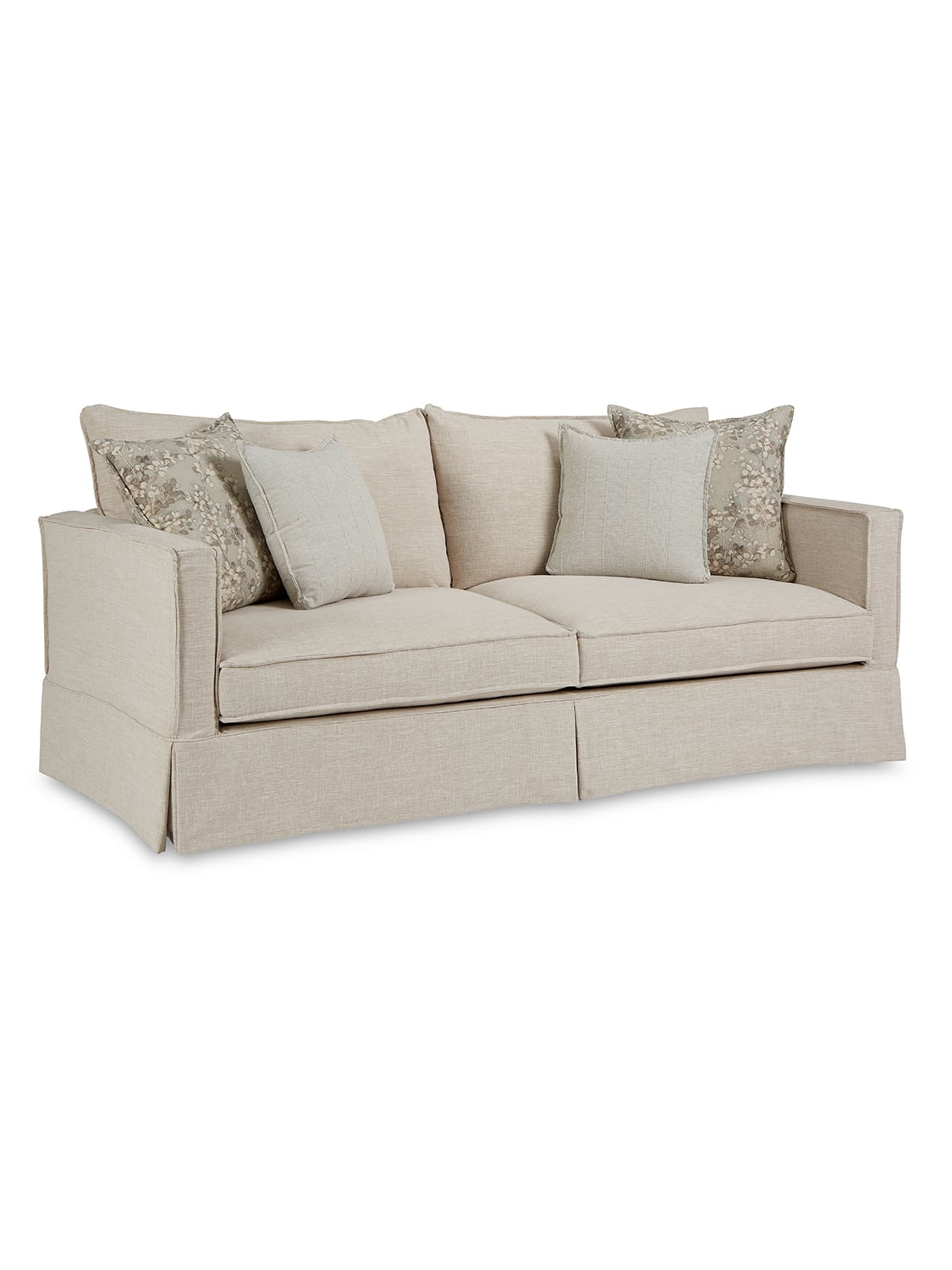 Chesapeake Grande Two Seat Slipcovered Sofa. Eisley Linen. Fade Away Silver & Seville Aloe Pillows Chesapeake Grande Two Seat Slipcovered Sofa. Eisley Linen. Fade Away Silver & Seville Aloe Pillows