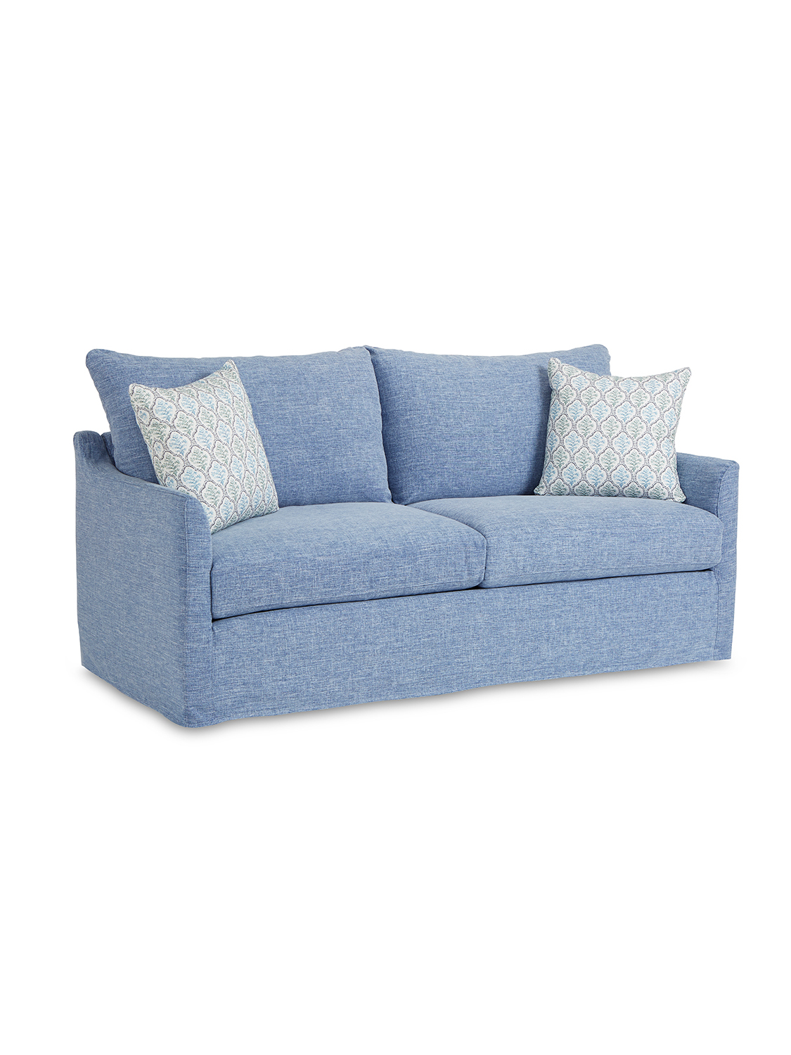 Sullivan Two Seat Slipcovered Sofa, Eisley Ink, Alyssa Misty Pillows Sullivan Two Seat Slipcovered Sofa, Eisley Ink, Alyssa Misty Pillows