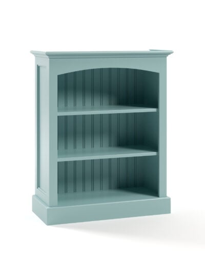Carolina Bookcase, Aquamarine, Curved Top, Straight Base, Framed Sides, Beadboard Interior