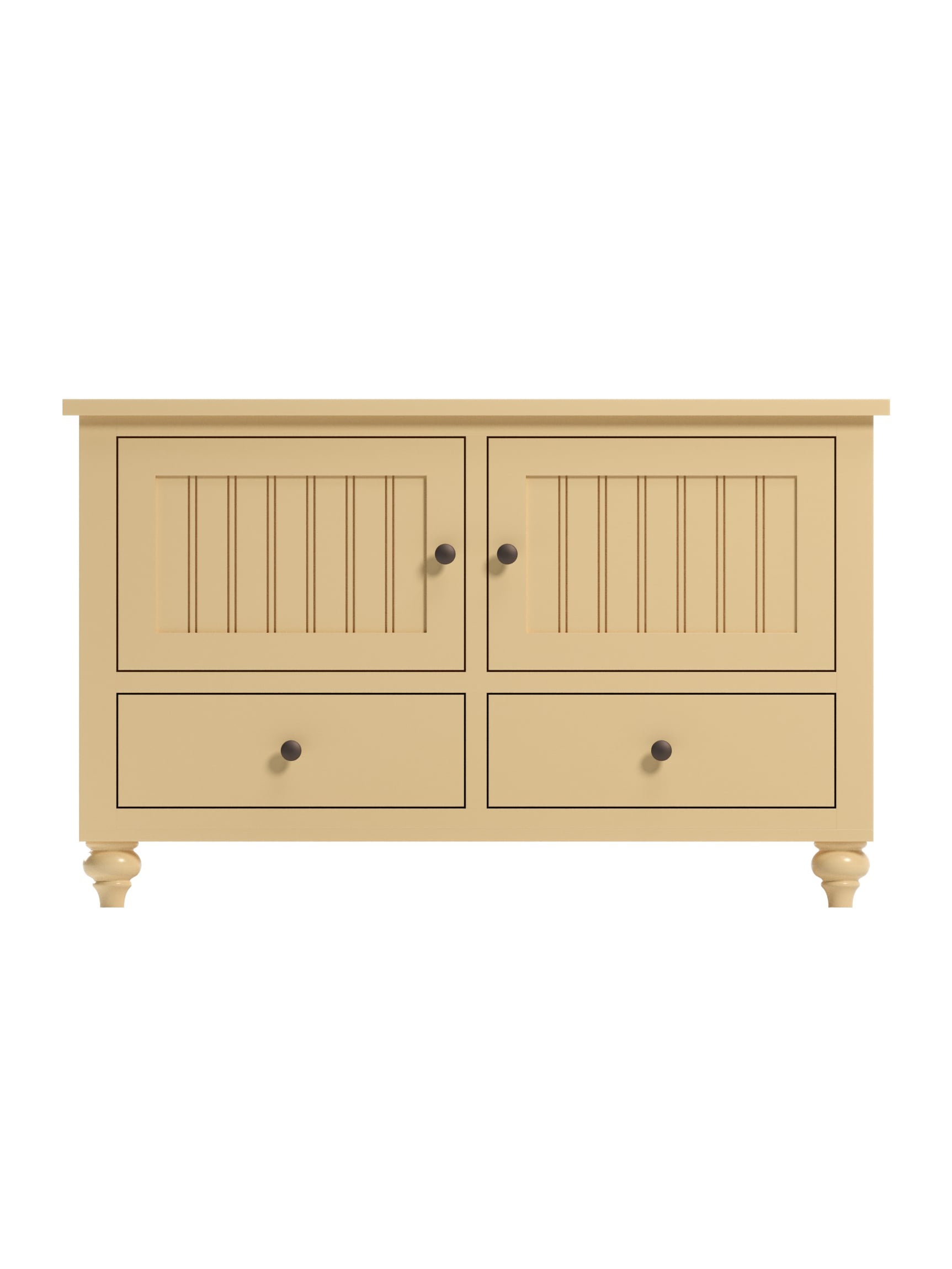 Stafford 2 Door TV Console, Bun Foot, Beadboard Panels, Oil Rubbed Bronze Knobs, Butter, Straight On Stafford 2 Door TV Console, Bun Foot, Beadboard Panels, Oil Rubbed Bronze Knobs, Butter, Straight On
