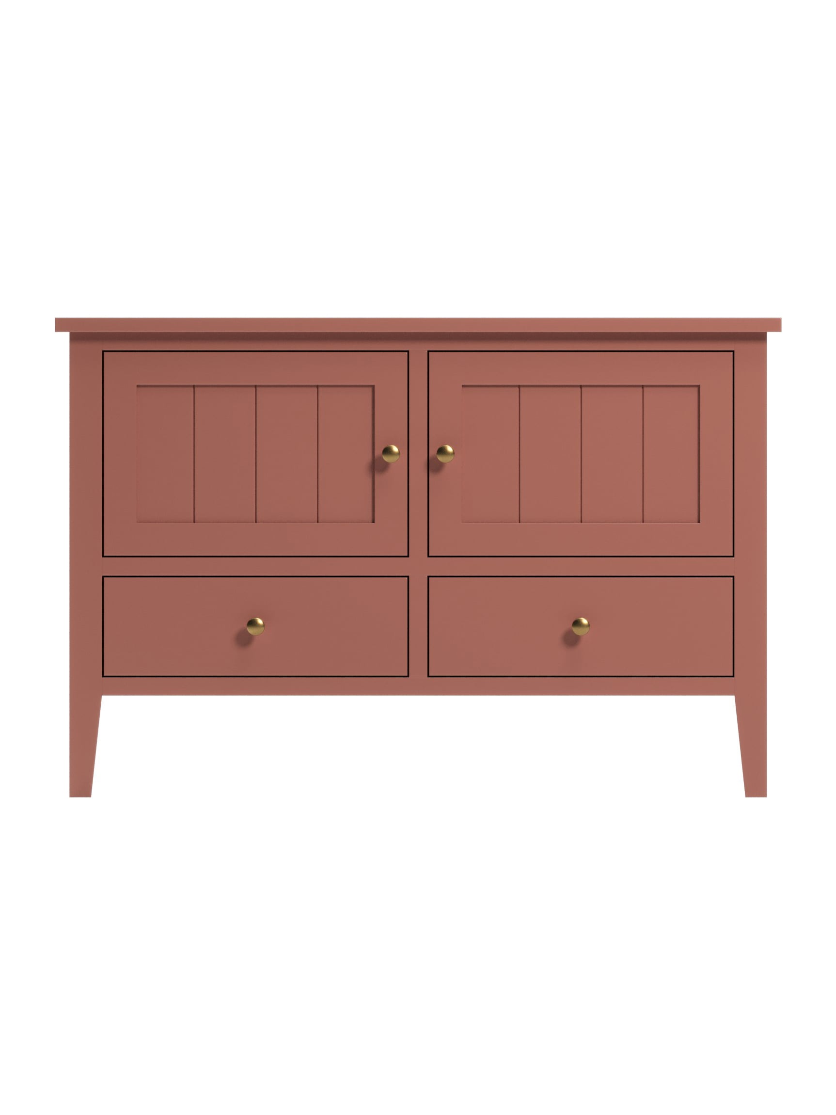 Stafford 2 Door TV Console, Tapered Legs, Barn Board Panels, Antique Brass Knobs, Baked Terracotta, Straight On Stafford 2 Door TV Console, Tapered Legs, Barn Board Panels, Antique Brass Knobs, Baked Terracotta, Straight On