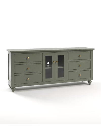 Kingston 6 Drawer TV Console, Bun Feet, Glass Doors, Flat Panels, Antique Brass Knobs, Moss