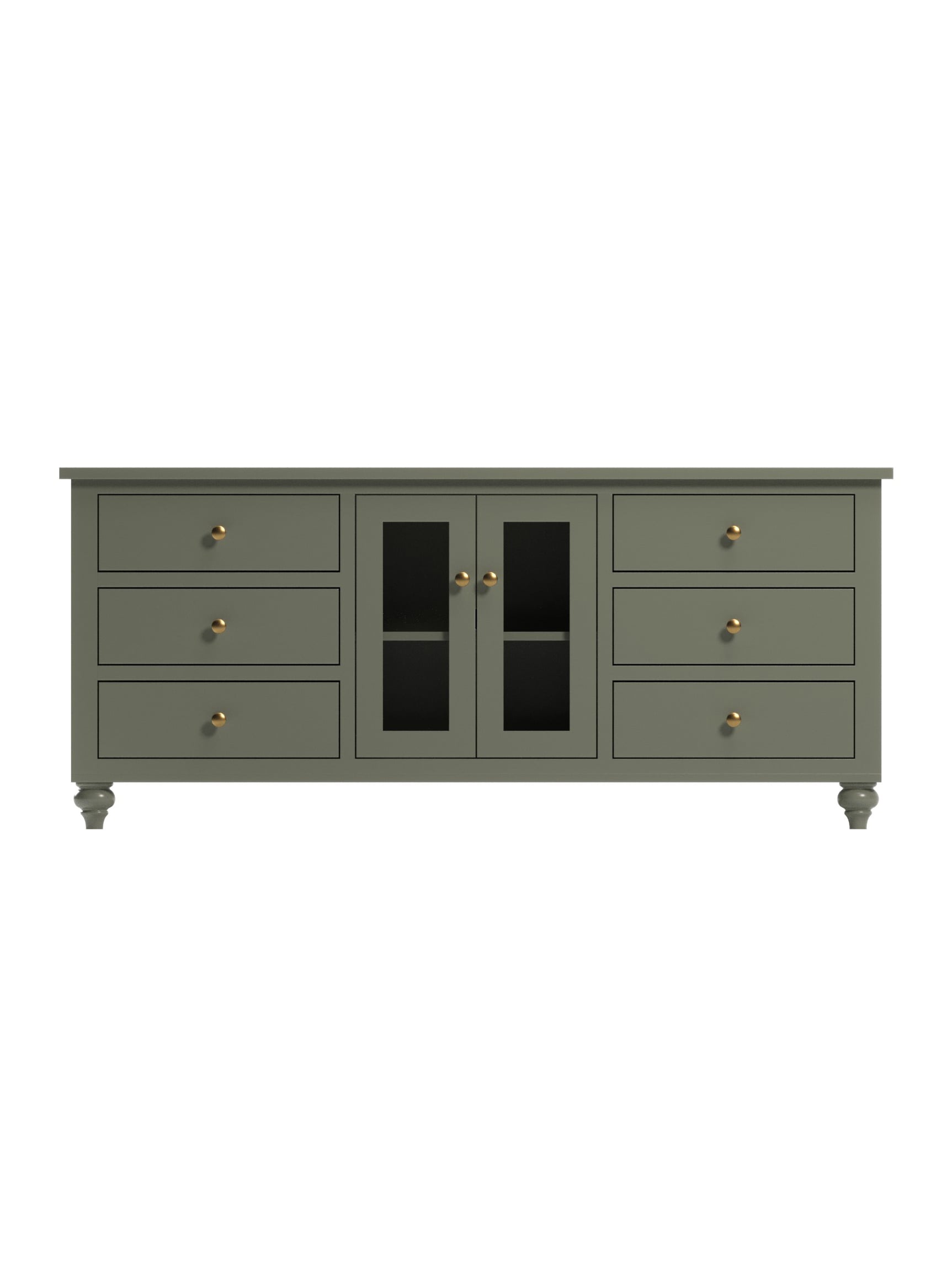 Kingston 6 Drawer TV Console, Bun Feet, Glass Doors, Flat Panels, Antique Brass Knobs, Moss, Straight On Kingston 6 Drawer TV Console, Bun Feet, Glass Doors, Flat Panels, Antique Brass Knobs, Moss, Straight On