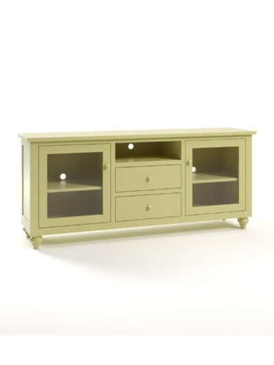 Kingston TV Console, Bun Feet, Glass Doors, Flat Panels, Wood Knobs, Pear