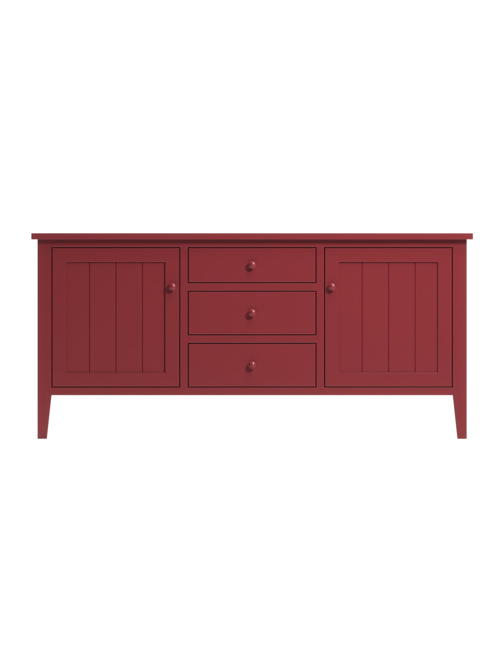 Kingston 3 Drawer TV Console, Tapered Legs, Barn Board, Wood Knobs, Tomato, Straight On Kingston 3 Drawer TV Console, Tapered Legs, Barn Board, Wood Knobs, Tomato, Straight On