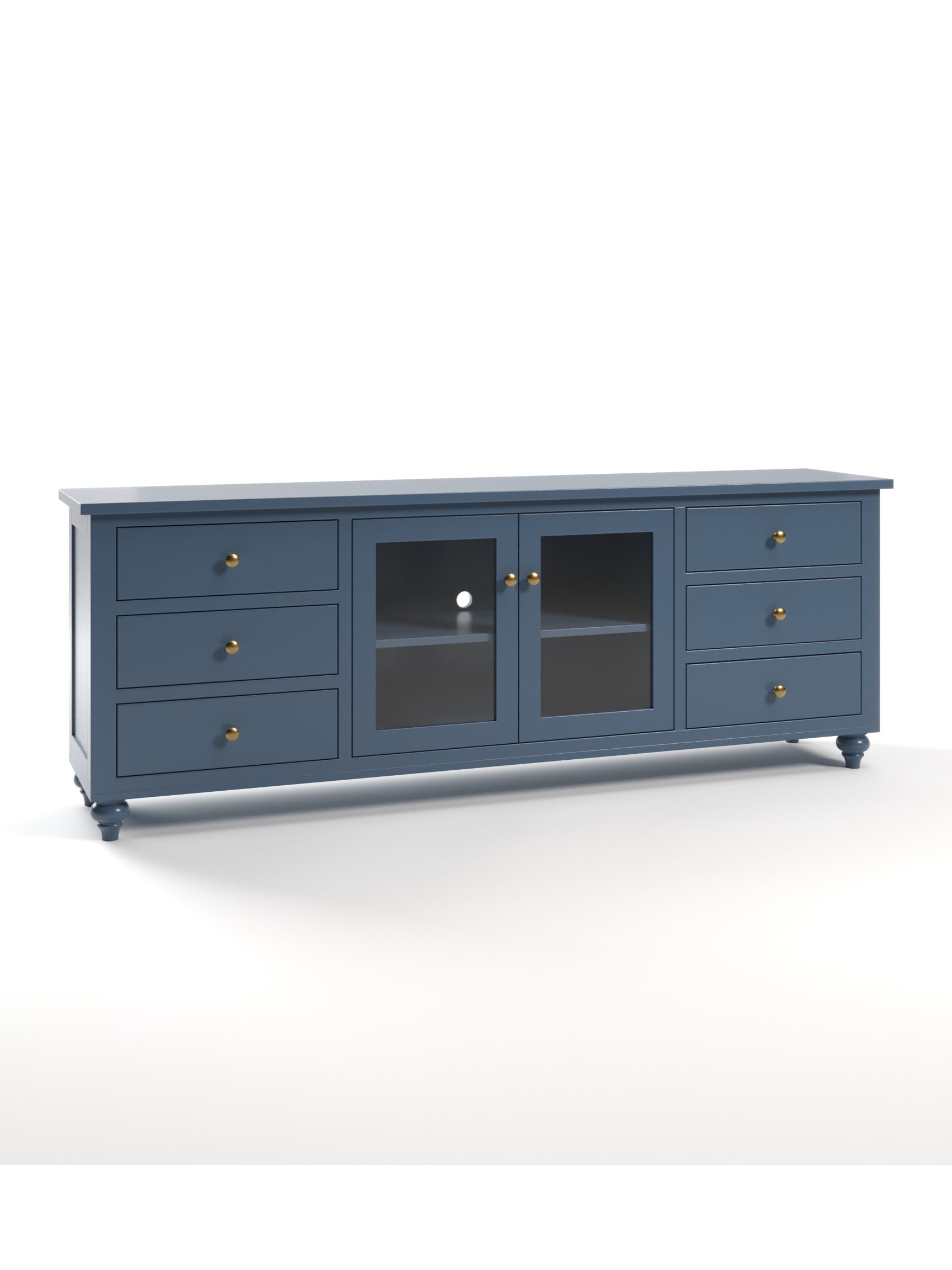 Ormond 6 Drawer TV Console, Bun Feet, Glass Doors, Flat Panel, Antique Brass, Dusk, Angled Ormond 6 Drawer TV Console, Bun Feet, Glass Doors, Flat Panel, Antique Brass, Dusk, Angled