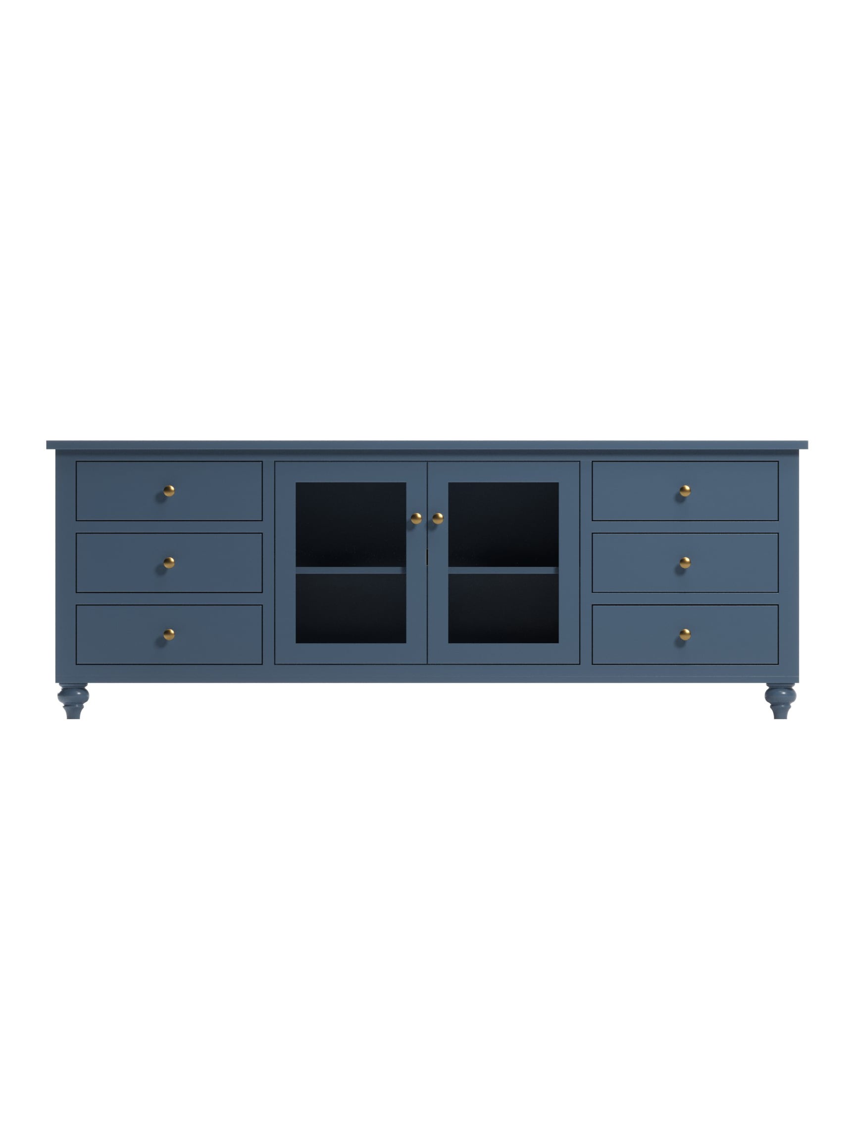 Ormond 6 Drawer TV Console, Bun Feet, Glass Doors, Flat Panel, Antique Brass, Dusk Ormond 6 Drawer TV Console, Bun Feet, Glass Doors, Flat Panel, Antique Brass, Dusk