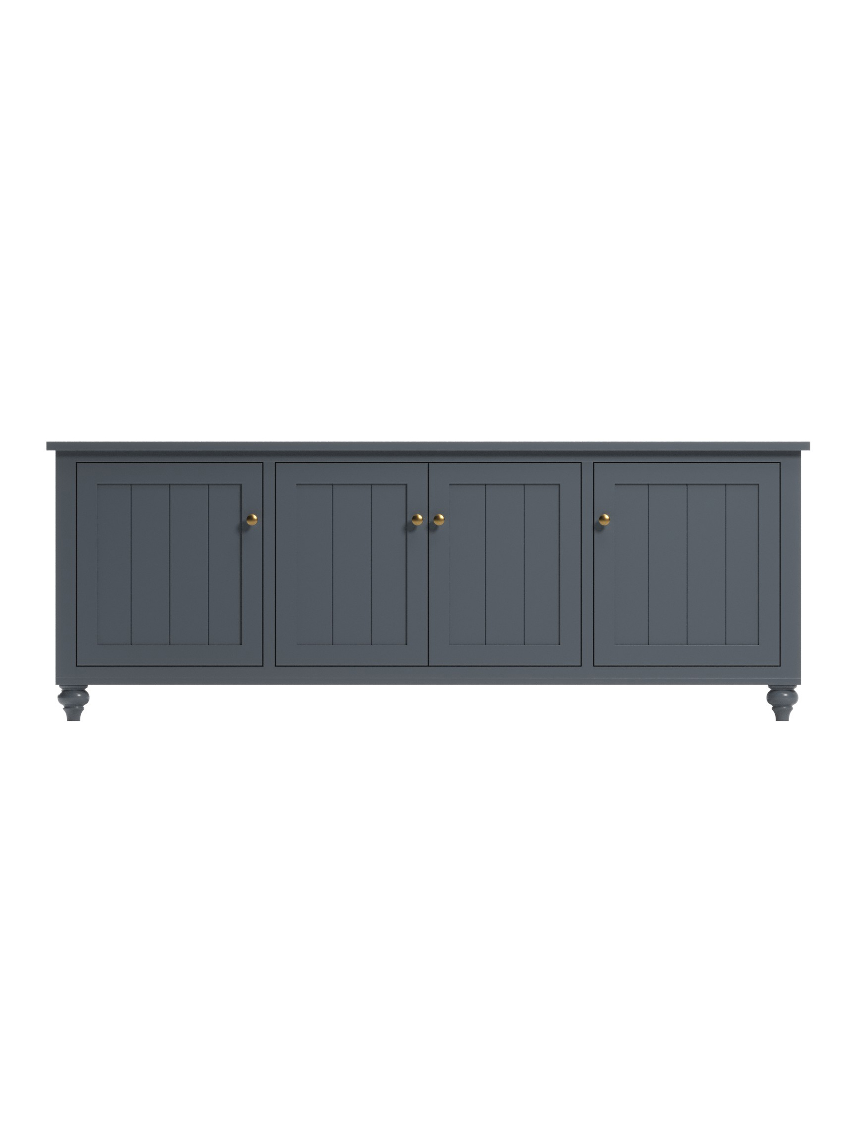 Ormond 4 Door TV Console, Bun Feet, Barn Board, Antique Brass Knobs, Shale, Straight On Ormond 4 Door TV Console, Bun Feet, Barn Board, Antique Brass Knobs, Shale, Straight On